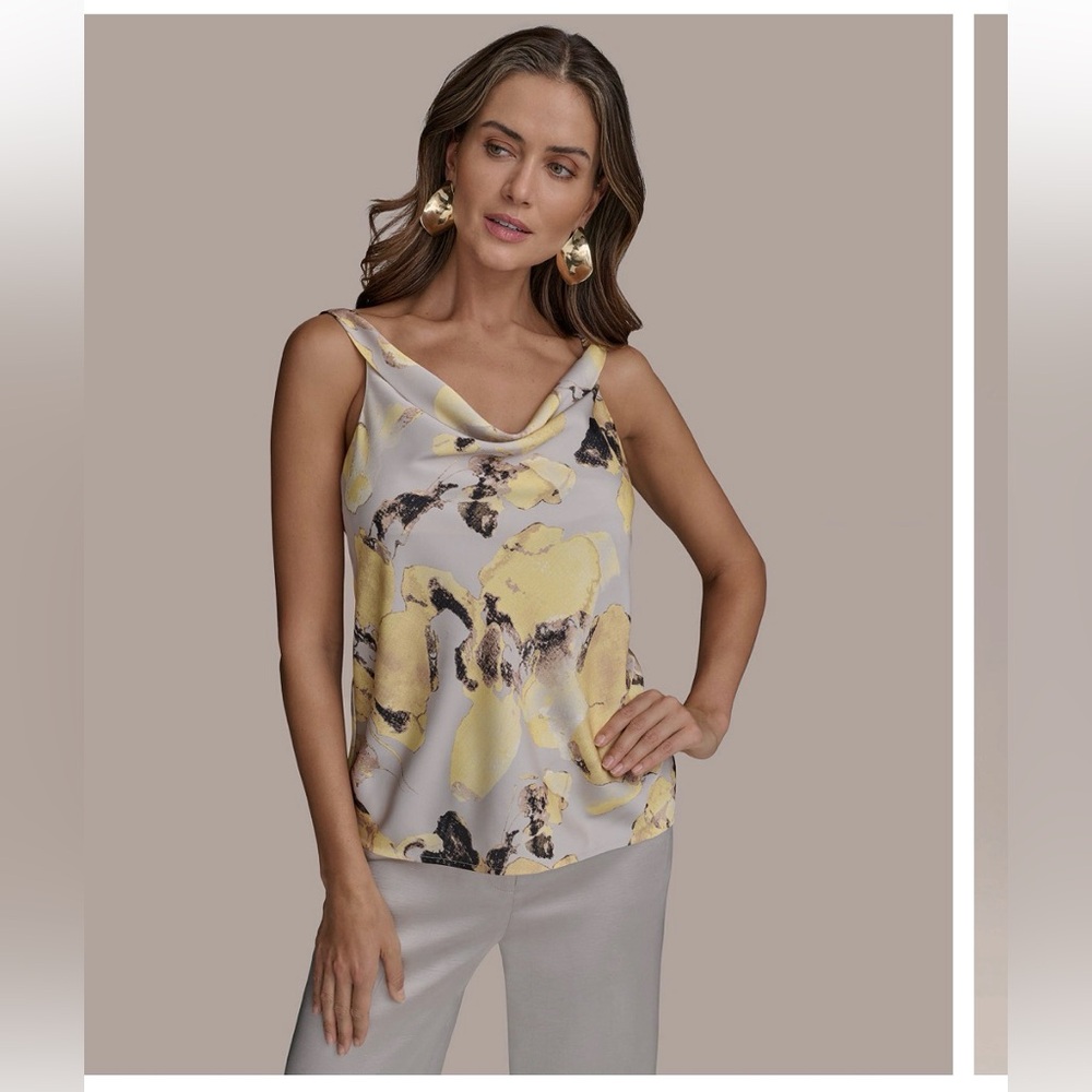 NWT: Donna Karan Yellow, Silver, Grey Print Cowlneck Camisole Size XL